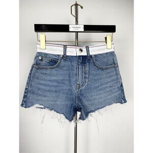 Alexander Wang Blue Denim Frayed Hem High-Rise Shorts With Logo Waistband Size 2